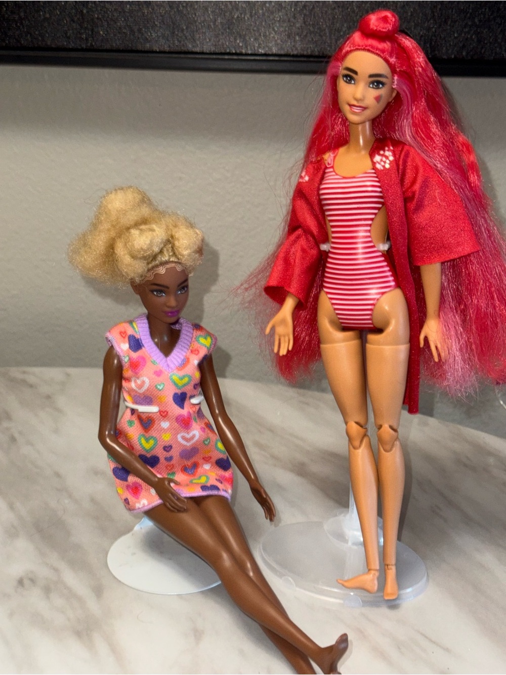 Barbie bright long red hair in swimsuits & blonde curly dark complexion dolls